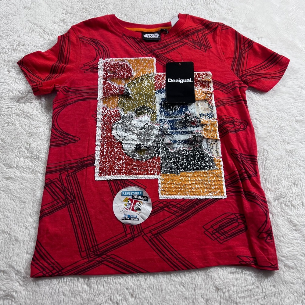 Desigual Star Wars Kids Red Reversible Sequin R2-D2 C-3PO T-Shirt‎  Size 7-8 NWT